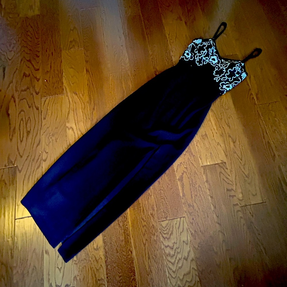 Long evening dress with embroidered, and beaded bodice